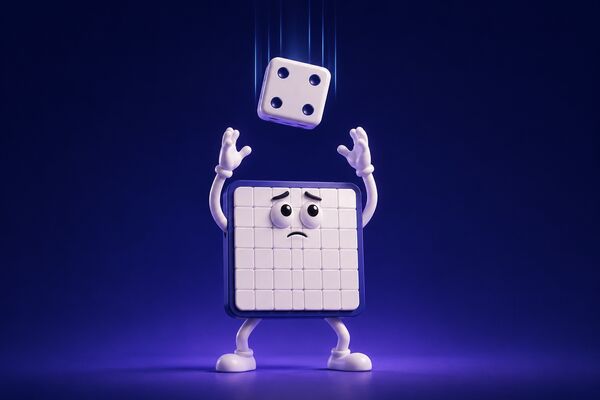 Un tablero de sudoku con los brazos en alto para atrapar un dado que le cae encima