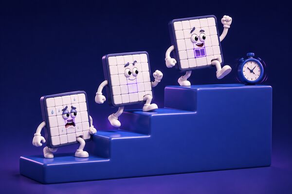 Tres tableros de sudoku subiendo unos escalones en fila, con un cronómetro arriba