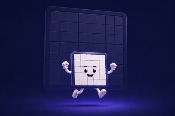 Un tablero de sudoku pequeño con brazos y piernas, saltando delante de la silueta de uno mucho más grande