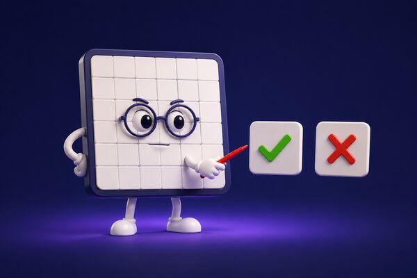 Un tablero de sudoku con gafas señalando una marca de acierto y una de error