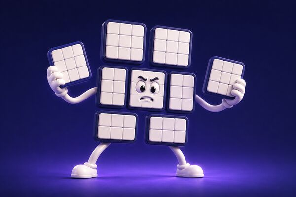 Un tablero de sudoku partido en nueve bloques sueltos, sujetando dos con las manos