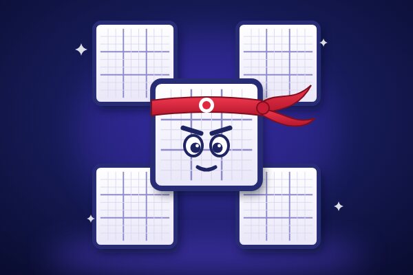 Cinco tableros de sudoku colocados en forma de X; el del centro lleva una cinta roja de samurái