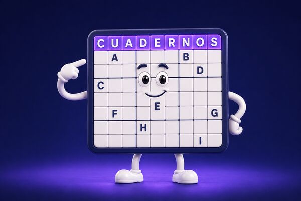 Un tablero de sudoku con letras en el que se lee CUADERNOS en la fila de arriba
